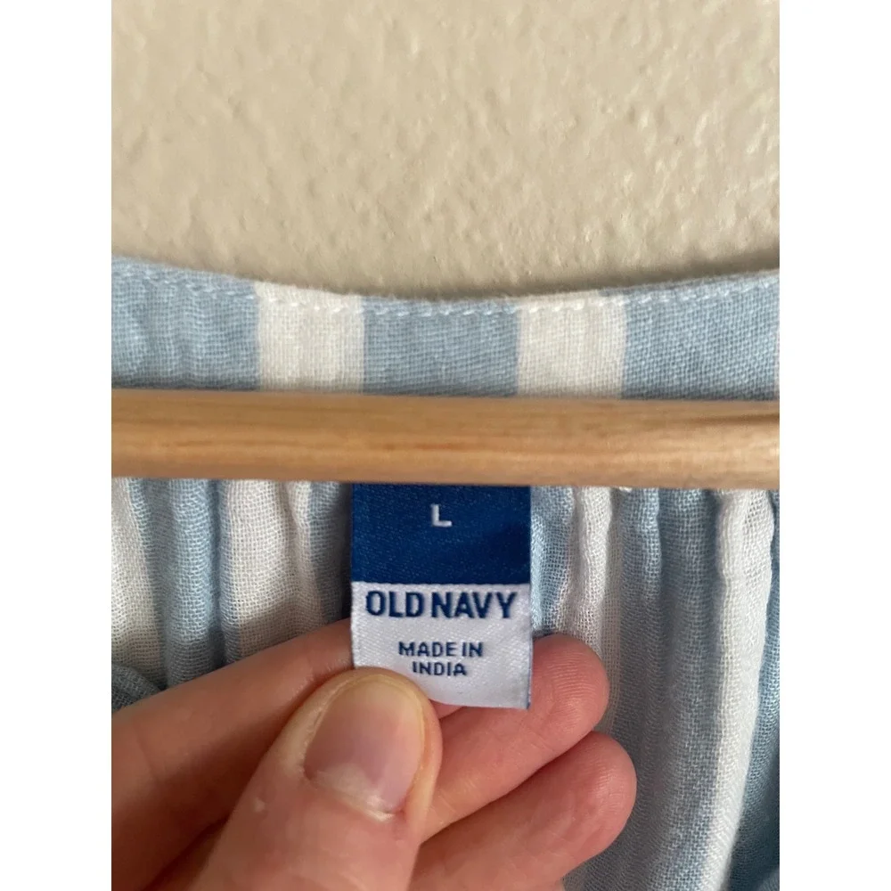 Old Navy Powder Blue Striped Gauze Cotton Puff Sleeve Button Front Dress Large - Picture 3 of 9